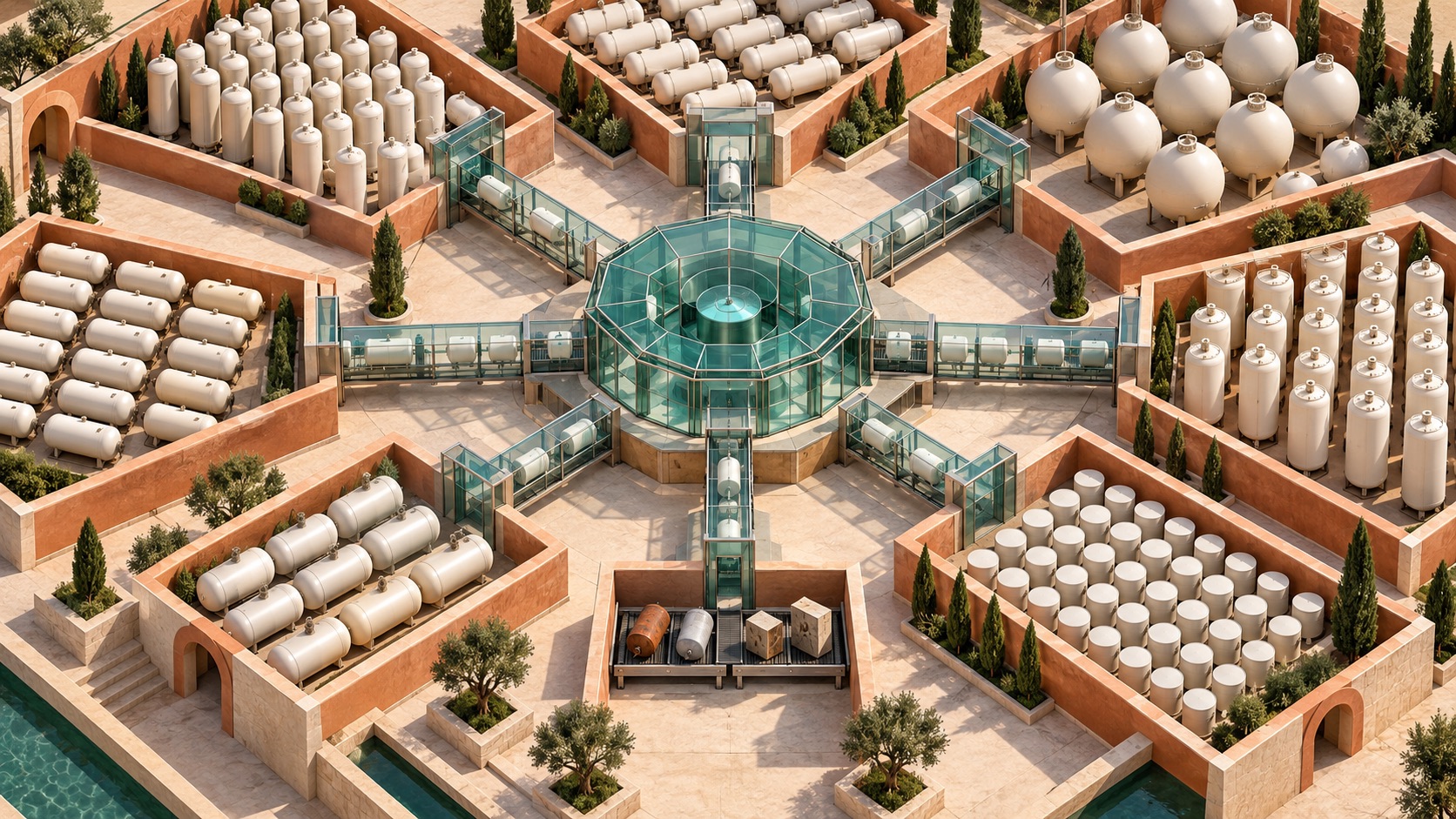 서로 분리된 테라코타 안뜰의 무표식 산업용 탱크들이 투명한 검증 관문을 거쳐 중앙 분석실로 연결된 모습